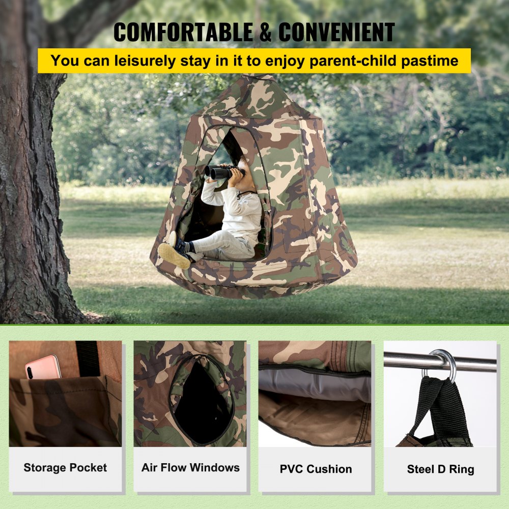 VEVOR Hanging Tree Tent, Max. 440 LBS Capacity Tree Tent Swing, Hangout Hugglepod with LED Rainbow Decoration Lights Inflatable Cushion, Ceiling Hammock Tent Suit for Kids & Adult Indoor Outdoor