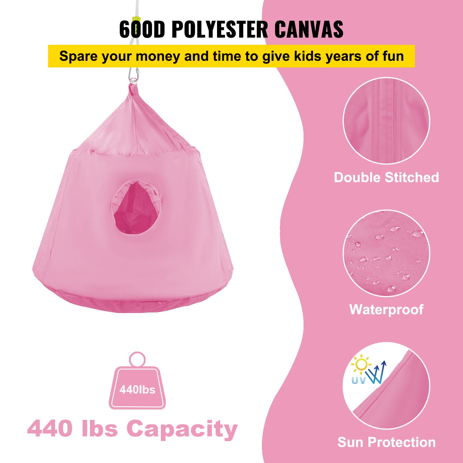 VEVOR Hanging Tree Tent, Max. 440lbs Capacity Tree Tent Swing, Hangout Hugglepod with LED Rainbow Decoration Lights Inflatable Cushion, Ceiling Hammock Tent Suit for Kids & Adult Indoor Outdoor Pink