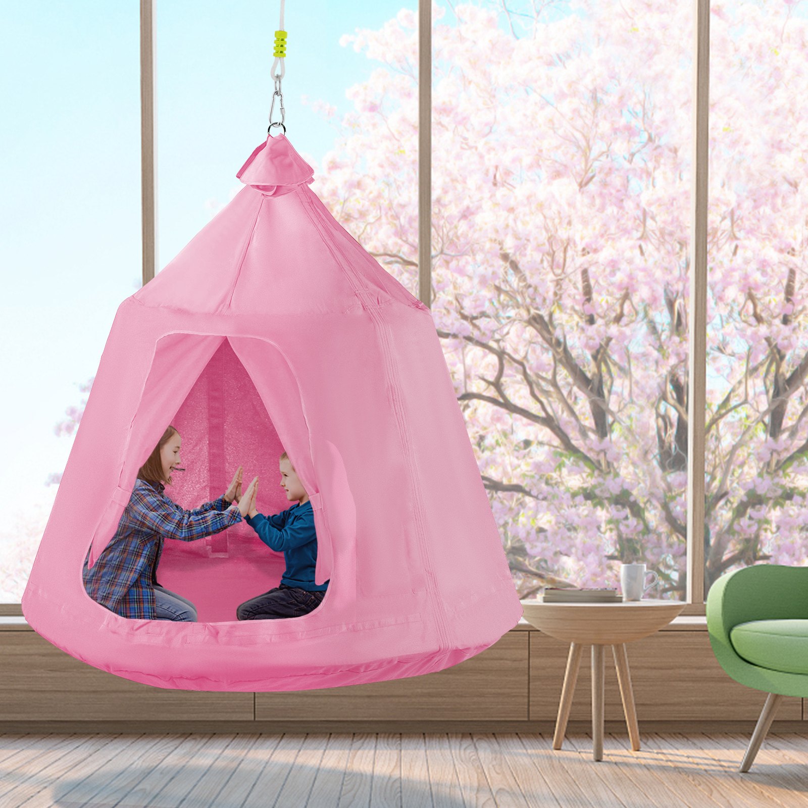 VEVOR Hanging Tree Tent, Max. 440lbs Capacity Tree Tent Swing, Hangout Hugglepod with LED Rainbow Decoration Lights Inflatable Cushion, Ceiling Hammock Tent Suit for Kids & Adult Indoor Outdoor Pink
