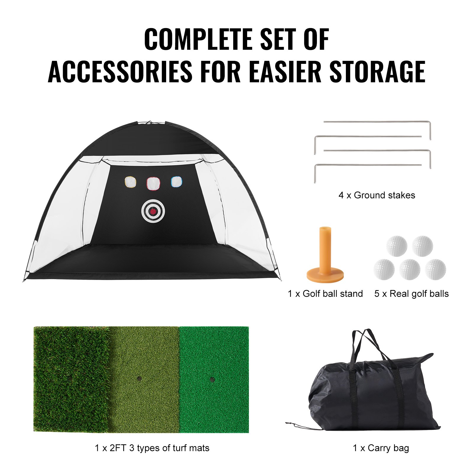 VEVOR Golf Net, 10x7ft All in 1 Golf Practice Net, Indoor Outdoor Home Golf Swing Training, Golf Hitting Aid Net with Target/Turf Mat/Balls/Tee/Carry Bag, for Backyard Driving Chipping, Gift for Men