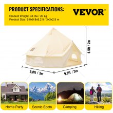 VEVOR 3-5 Person Canvas Glamping Bell Tent, Breathable Waterproof Yurt Tent with Stove Jack and Detachable Side Wall for Family Camping, 10'x 10'x98"(Diameter 3M)