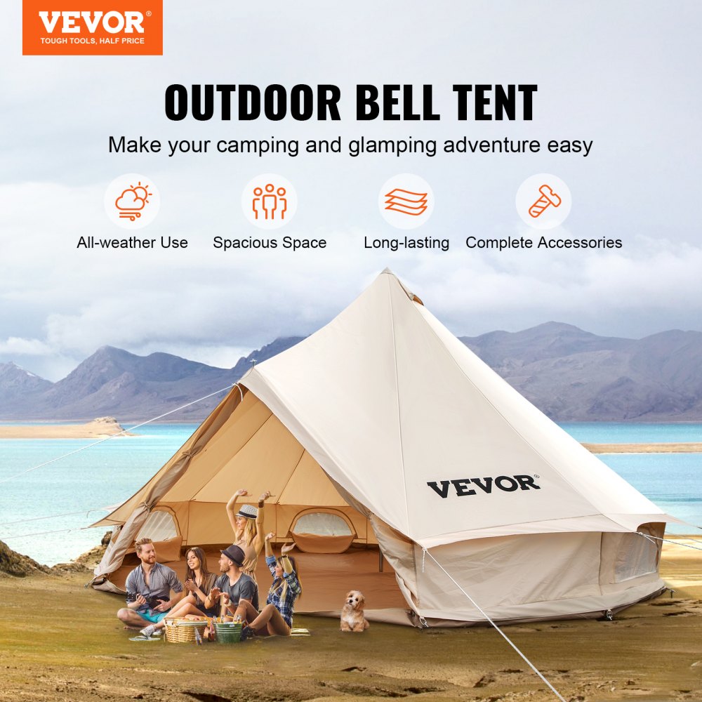 VEVOR glamping bell tent by the lakeside with relaxed campers and a small dog nearby.