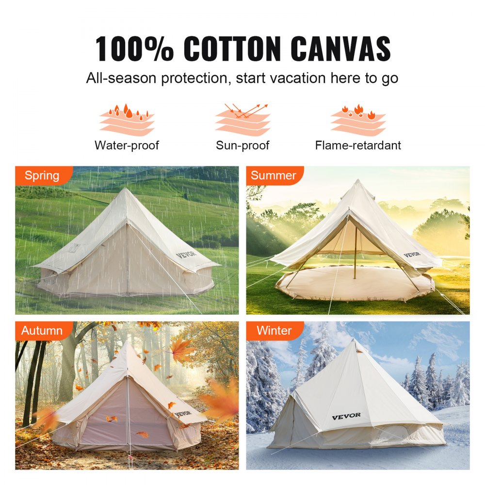VEVOR glamping bell tent in spring rain, summer sun, autumn leaves, and winter snow.