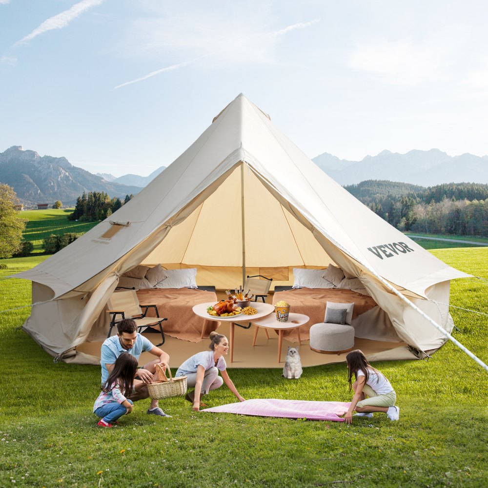 family enjoying outdoor picnic near a VEVOR glamping bell tent in a scenic field.