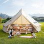 family enjoying outdoor picnic near a VEVOR glamping bell tent in a scenic field.