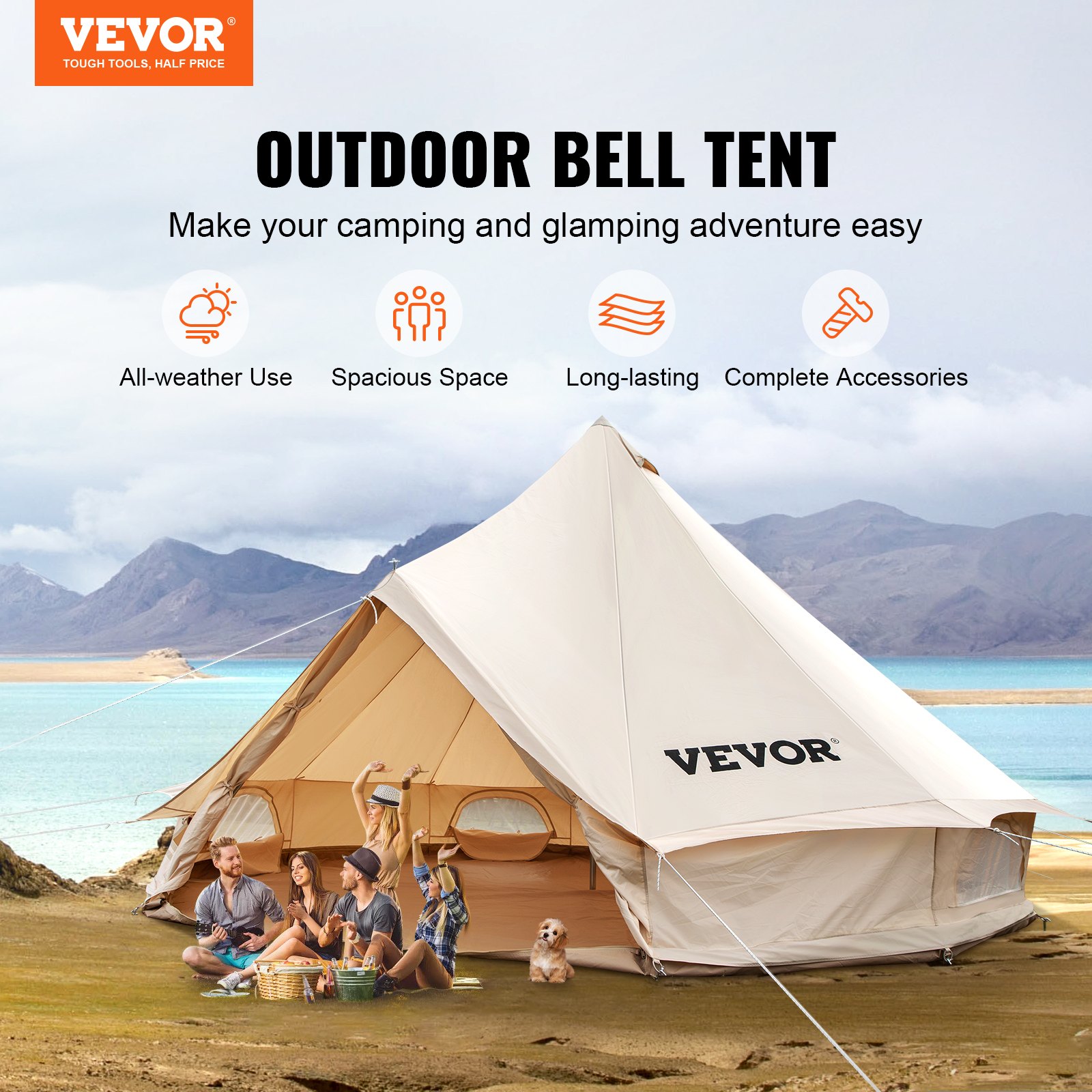 VEVOR glamping bell tent by the lakeside with relaxed campers and a small dog nearby.