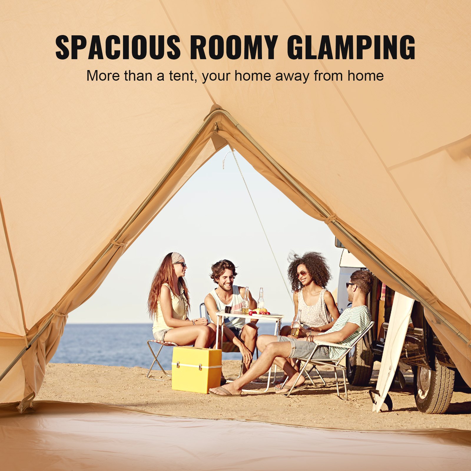 VEVOR glamping bell tent by the sea with friends enjoying a sunny outdoor gathering.