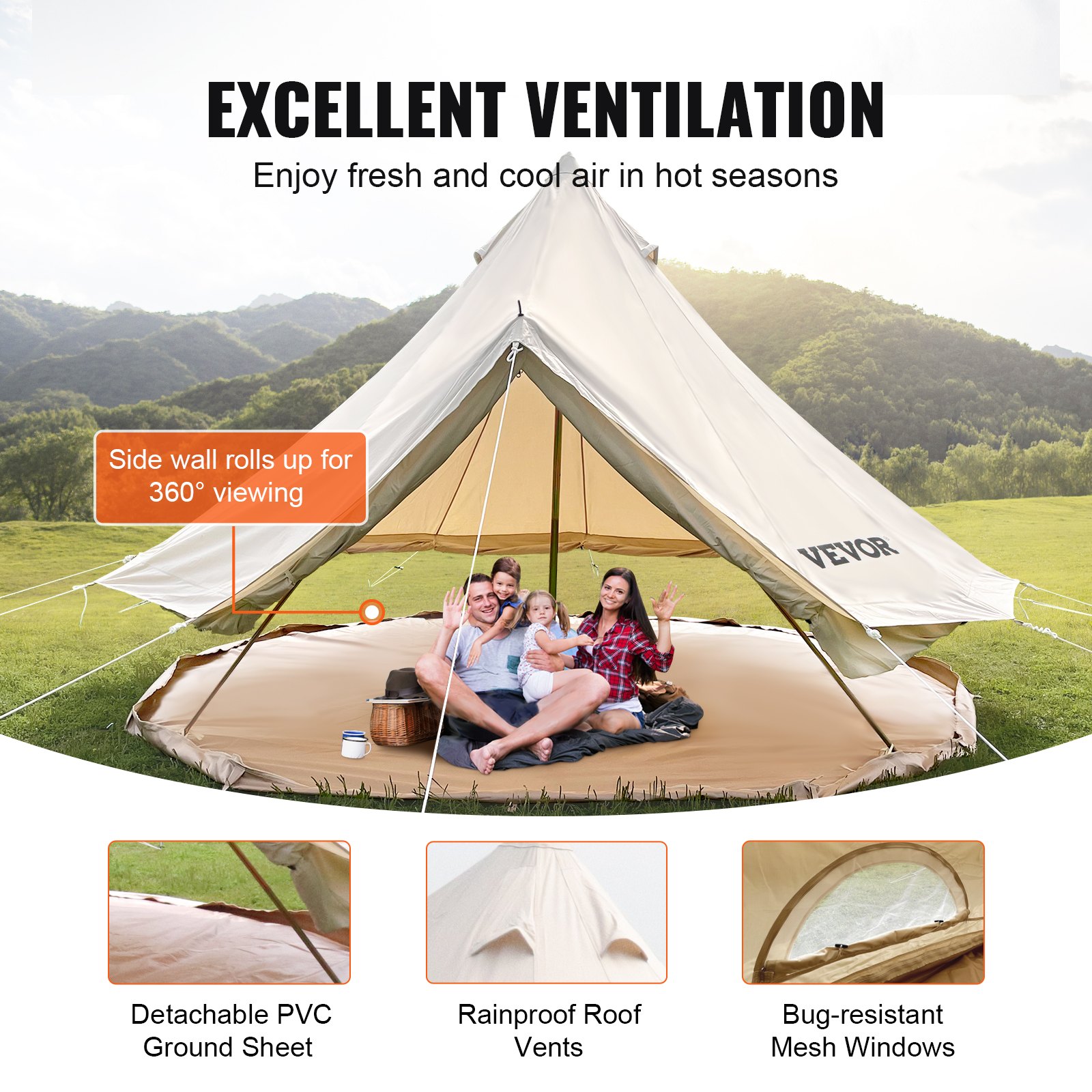 VEVOR glamping bell tent with rolled-up walls for 360° viewing, roof vents, and mesh windows.