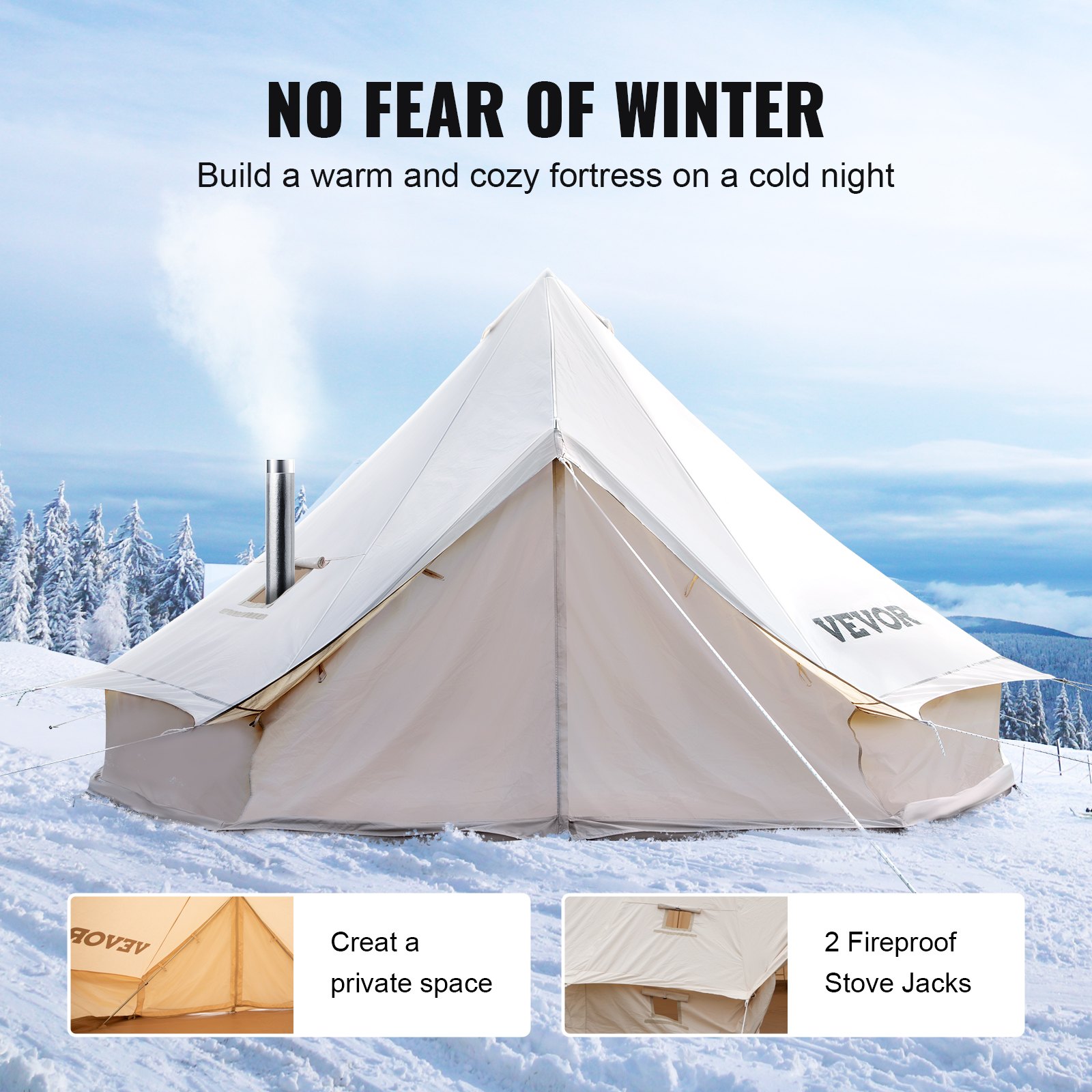VEVOR glamping bell tent in winter snow with chimney smoke, forest background.