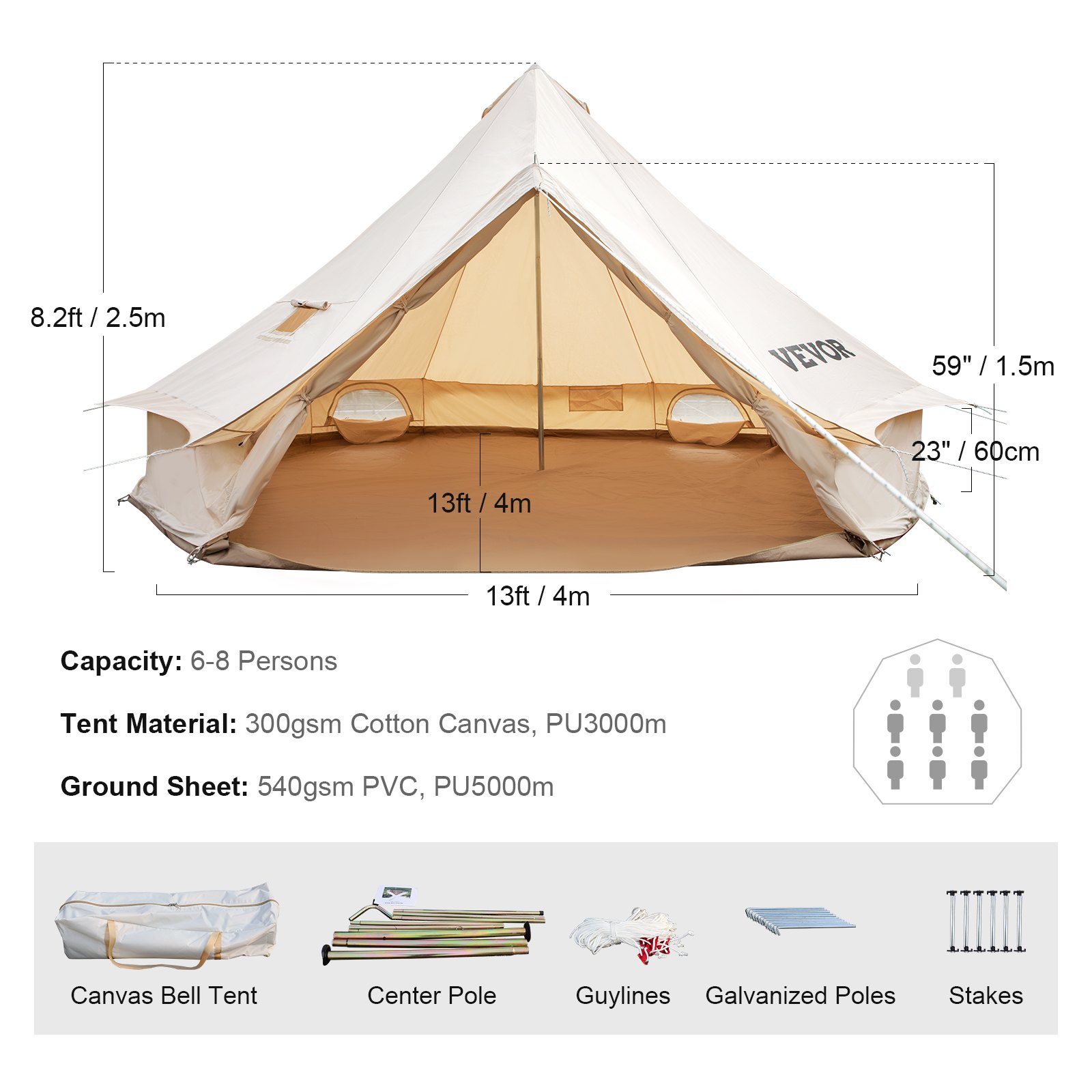 VEVOR glamping bell tent dimensions and components for 6-8 persons, canvas material.