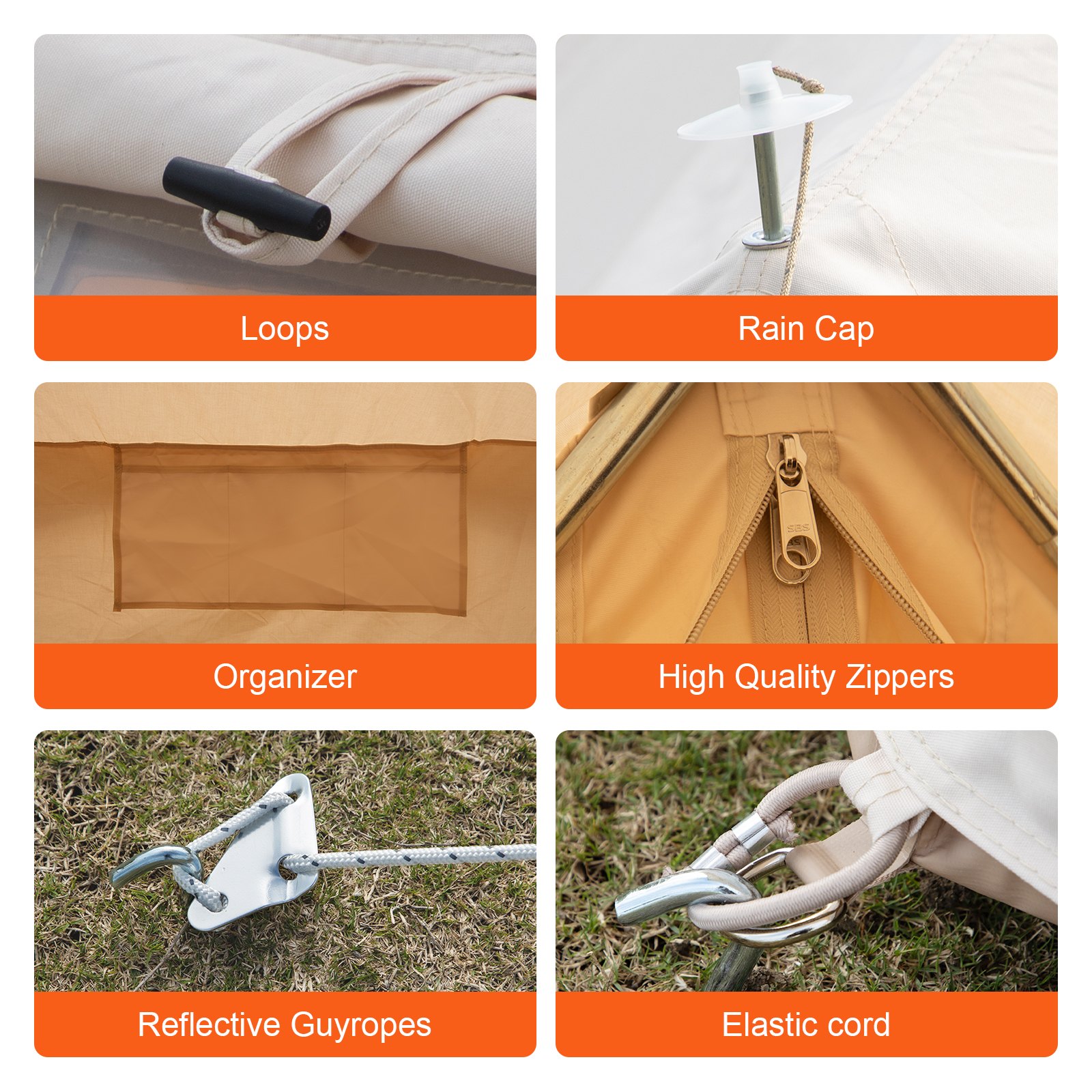 loops, rain cap, organizer, high-quality zippers, reflective guyropes, elastic cord, VEVOR glamping bell tent.
