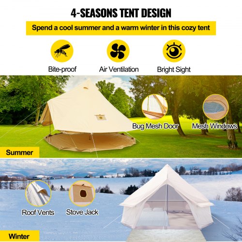 VEVOR 5M Bell Tent 8-10 Persons Canvas Tent with Stove Hole Cotton Canvas Tents Yurt Tent for Camping 4-Season Waterproof Bell Tent for Family Camping Outdoor Hunting