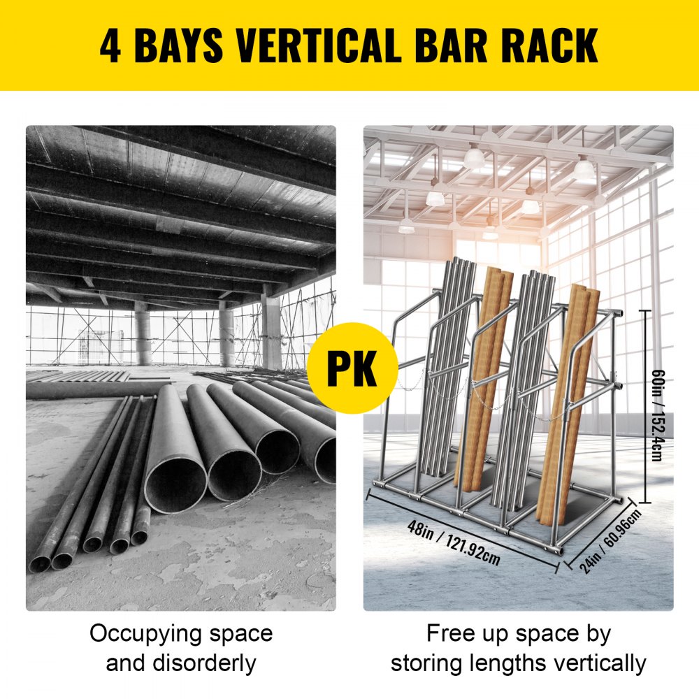 VEVOR Vertical Bar Rack, 48"W x 24"D x 60"H Vertical Material Bar Rack, 4 Rays Vertical Bar Storage Rack, 530 LBS Capacidad Vertical Pipe Storage Rack, para almacenar maderas, tuberías, otros materiales largos