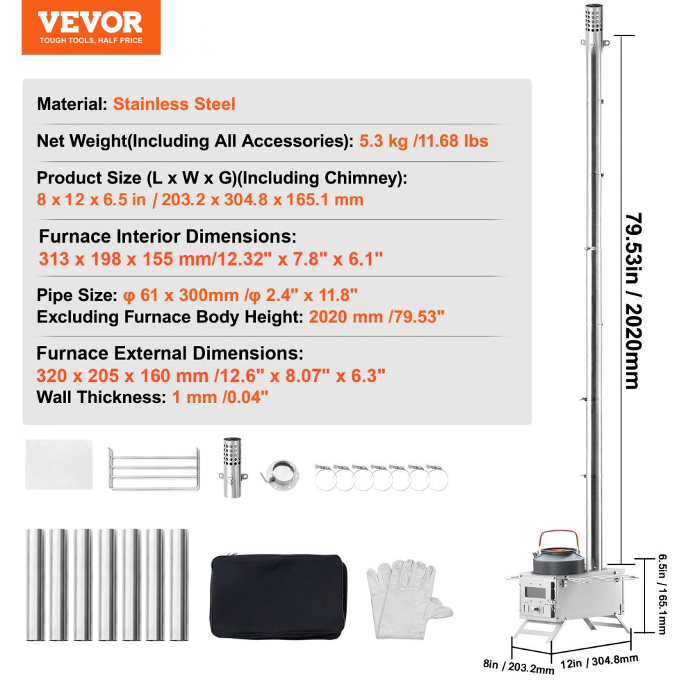 VEVOR Wood Stove, 203.20 cm, Stainless Steel Camping Tent Stove, Portable Wood Burning Stove with Chimney Pipes & Gloves, 11471 cm³ Firebox Hot Tent Stove for Outdoor Cooking and Heating with 8 Pipes
