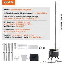VEVOR Wood Stove, 86 inch, Alloy Steel Camping Tent Stove, Portable Wood Burning Stove with Chimney Pipes & Gloves, 1400in³Firebox Hot Tent Stove for Outdoor Cooking and Heating with 8 Pipes