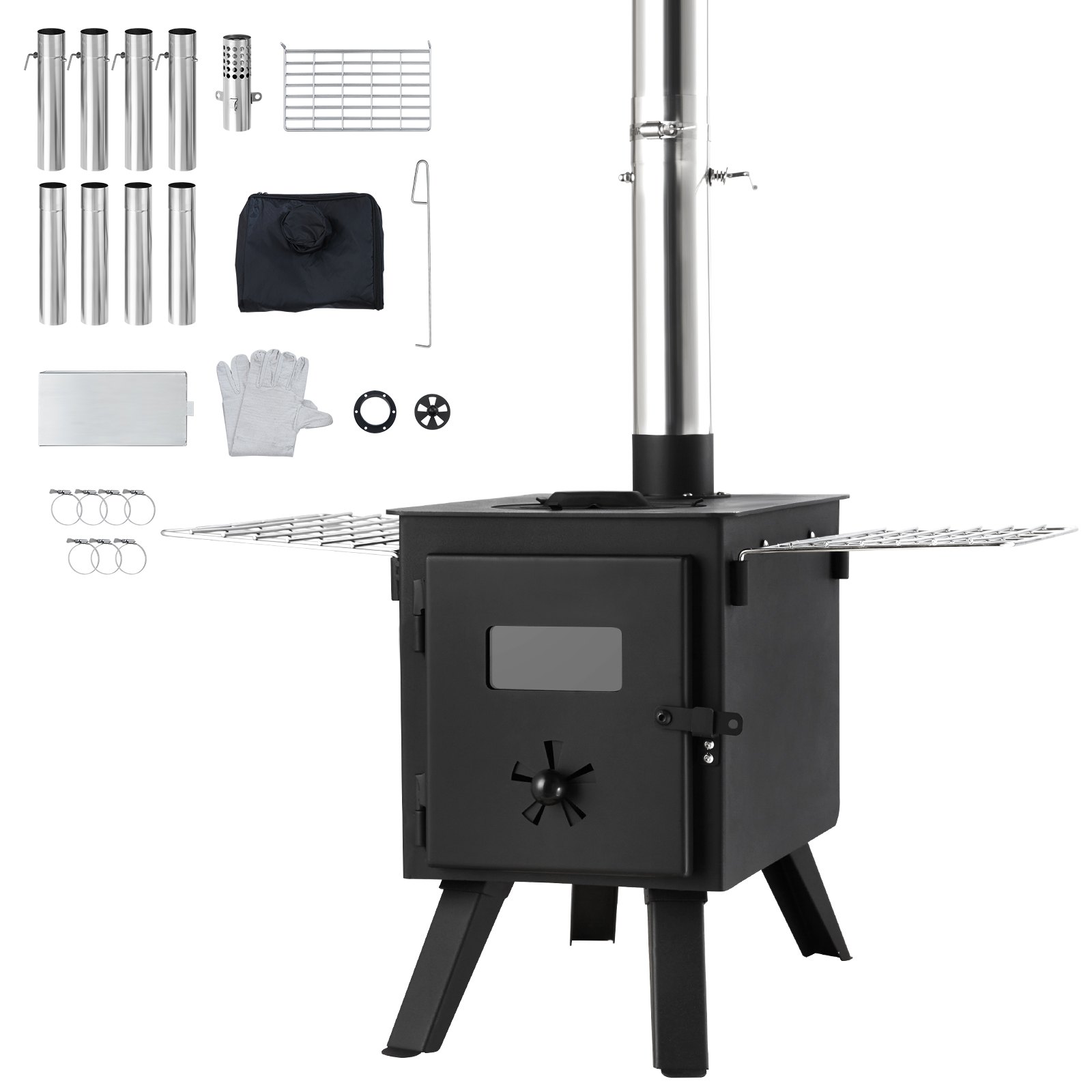 VEVOR Wood Stove, 218.4 cm, Alloy Steel Camping Tent Stove, Portable Wood Burning Stove with Chimney Pipes & Gloves, 22941.9 cm³ Firebox Hot Tent Stove for Outdoor Cooking and Heating with 8 Pipes