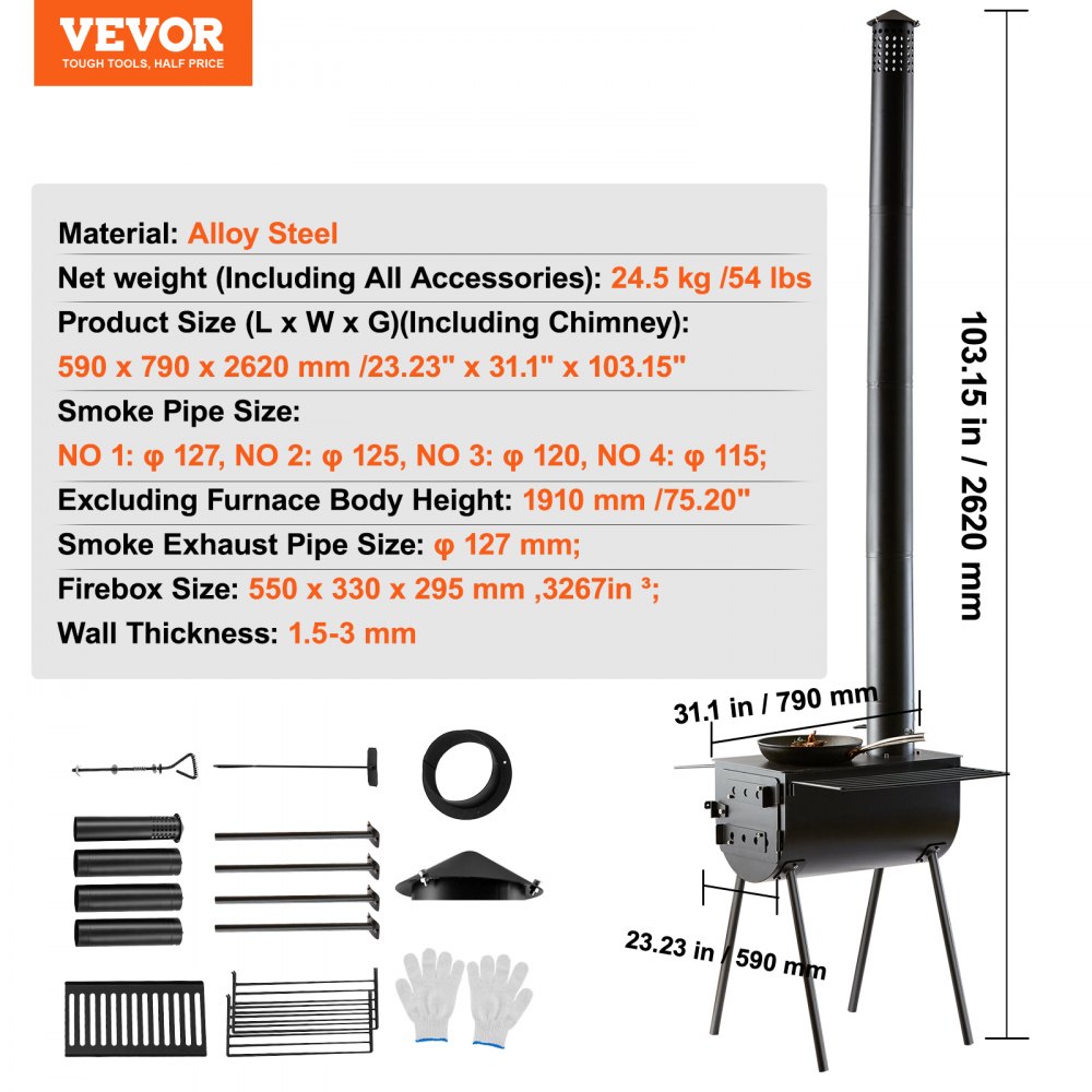 VEVOR Wood Stove, 3 m, Alloy Steel Camping Tent Stove, Portable Wood Burning Stove with Chimney Pipes & Gloves, 49161 cm³ Firebox Hot Tent Stove for Outdoor Cooking and Heating with 8 Pipes