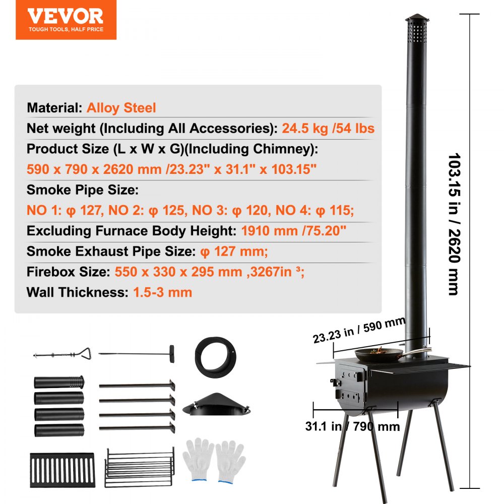 VEVOR Wood Stove, 3 m, Alloy Steel Camping Tent Stove, Portable Wood Burning Stove with Chimney Pipes & Gloves, 49161 cm³ Firebox Hot Tent Stove for Outdoor Cooking and Heating with 8 Pipes
