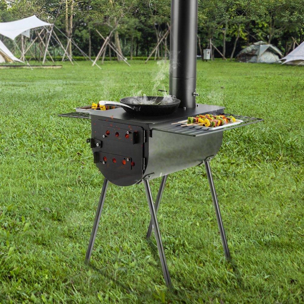 VEVOR Wood Stove, 3 m, Alloy Steel Camping Tent Stove, Portable Wood Burning Stove with Chimney Pipes & Gloves, 49161 cm³ Firebox Hot Tent Stove for Outdoor Cooking and Heating with 8 Pipes