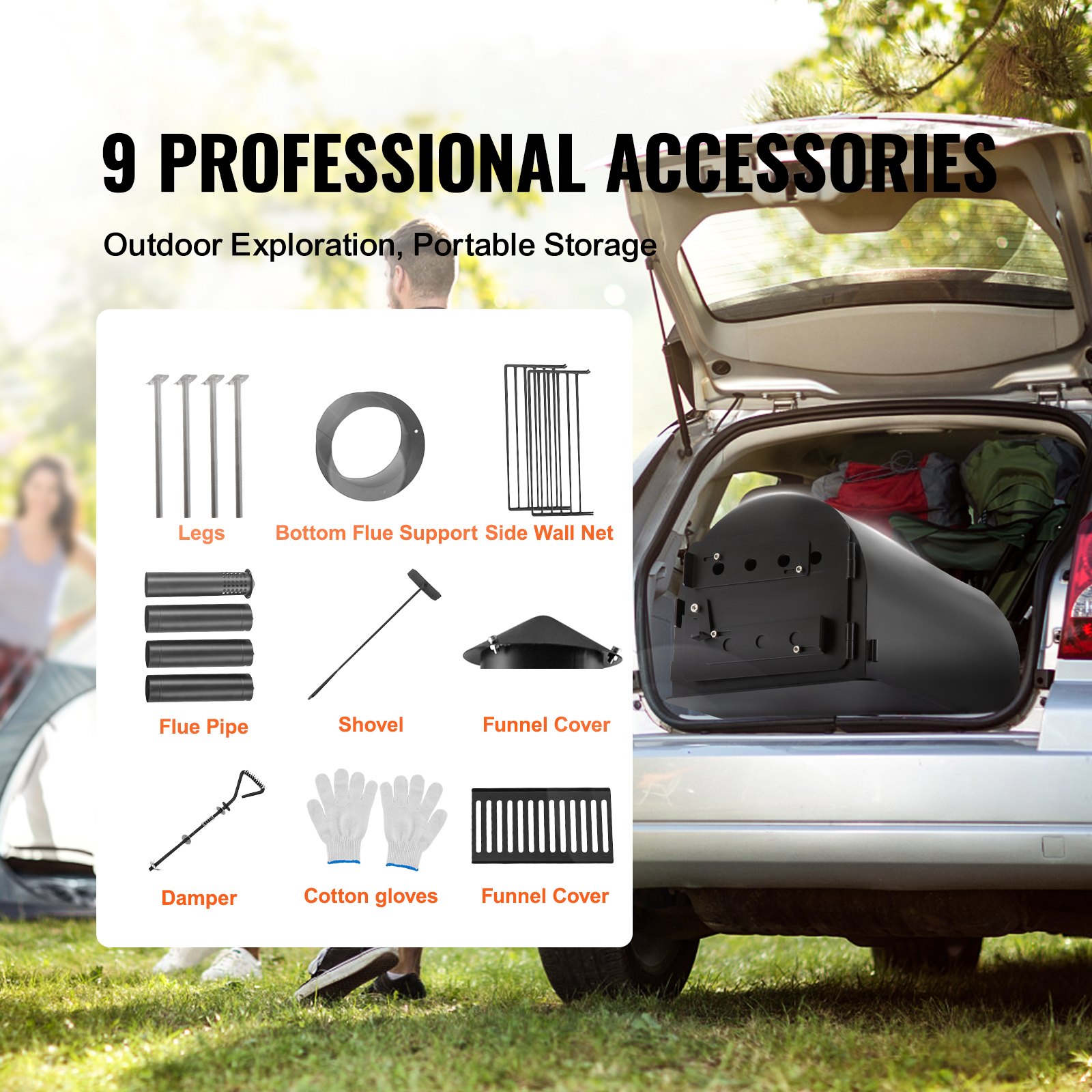VEVOR Wood Stove, 3 m, Alloy Steel Camping Tent Stove, Portable Wood Burning Stove with Chimney Pipes & Gloves, 49161 cm³ Firebox Hot Tent Stove for Outdoor Cooking and Heating with 8 Pipes