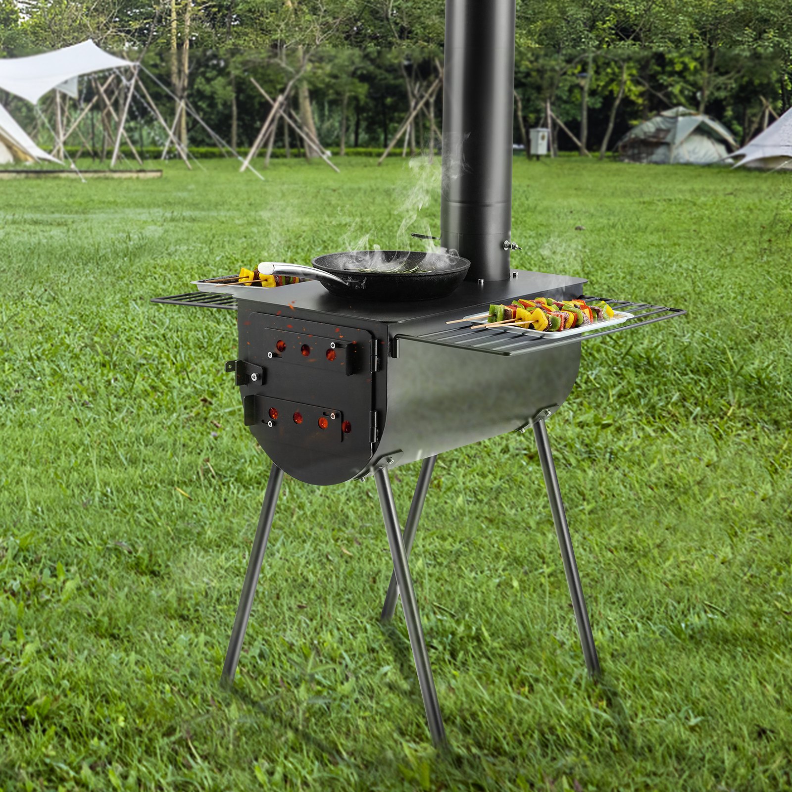 VEVOR Wood Stove, 3 m, Alloy Steel Camping Tent Stove, Portable Wood Burning Stove with Chimney Pipes & Gloves, 49161 cm³ Firebox Hot Tent Stove for Outdoor Cooking and Heating with 8 Pipes