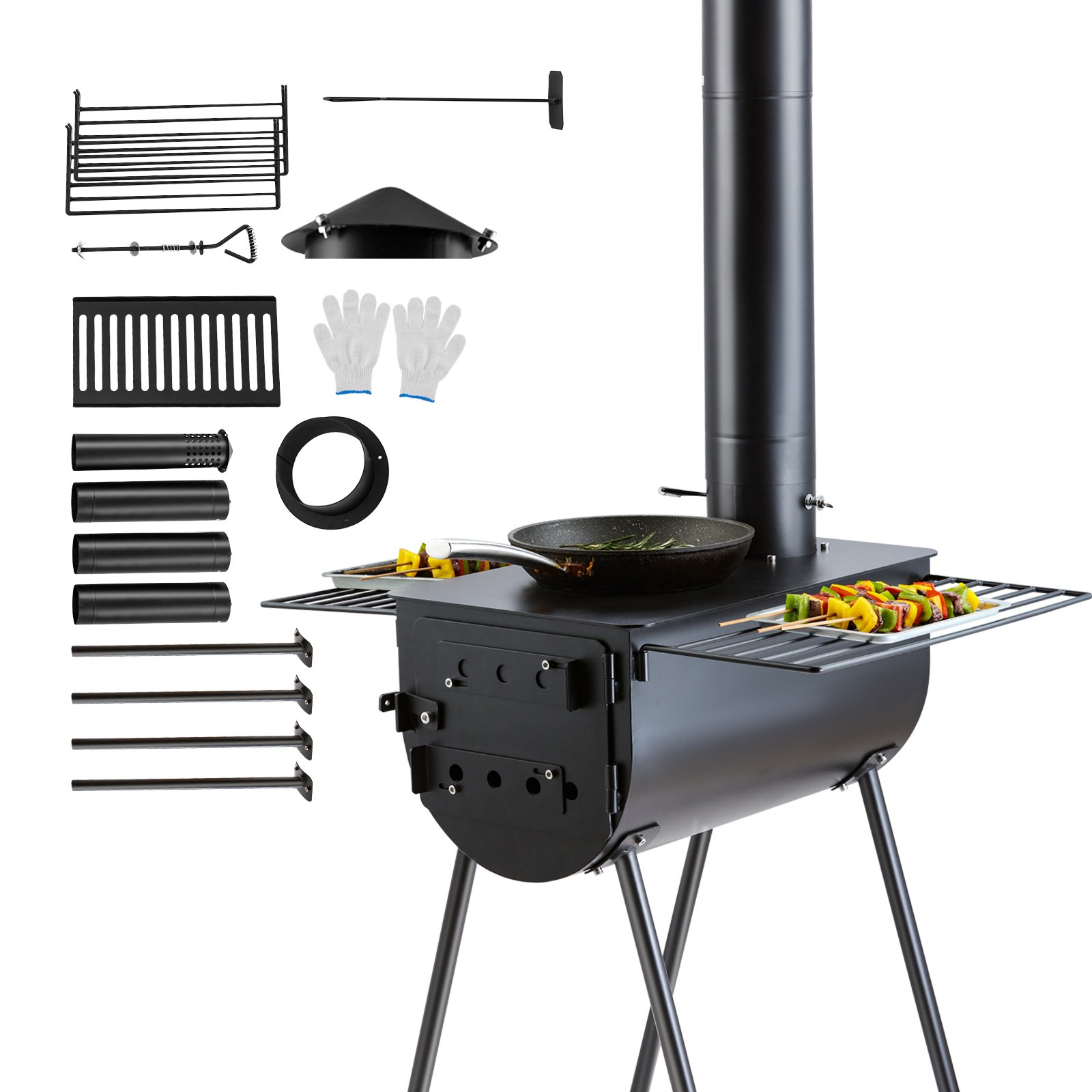 VEVOR Wood Stove, 3 m, Alloy Steel Camping Tent Stove, Portable Wood Burning Stove with Chimney Pipes & Gloves, 49161 cm³ Firebox Hot Tent Stove for Outdoor Cooking and Heating with 8 Pipes