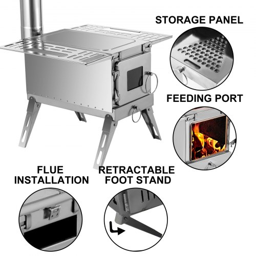 VEVOR Tent Wood Stove, 18.3x15x14.17 inch Camping Wood Stove 304 Stainless Steel With Folding Pipe, Portable Wood Stove 90.6 inch Total Height For Camping, Tent Heating, Hunting, Outdoor Cooking