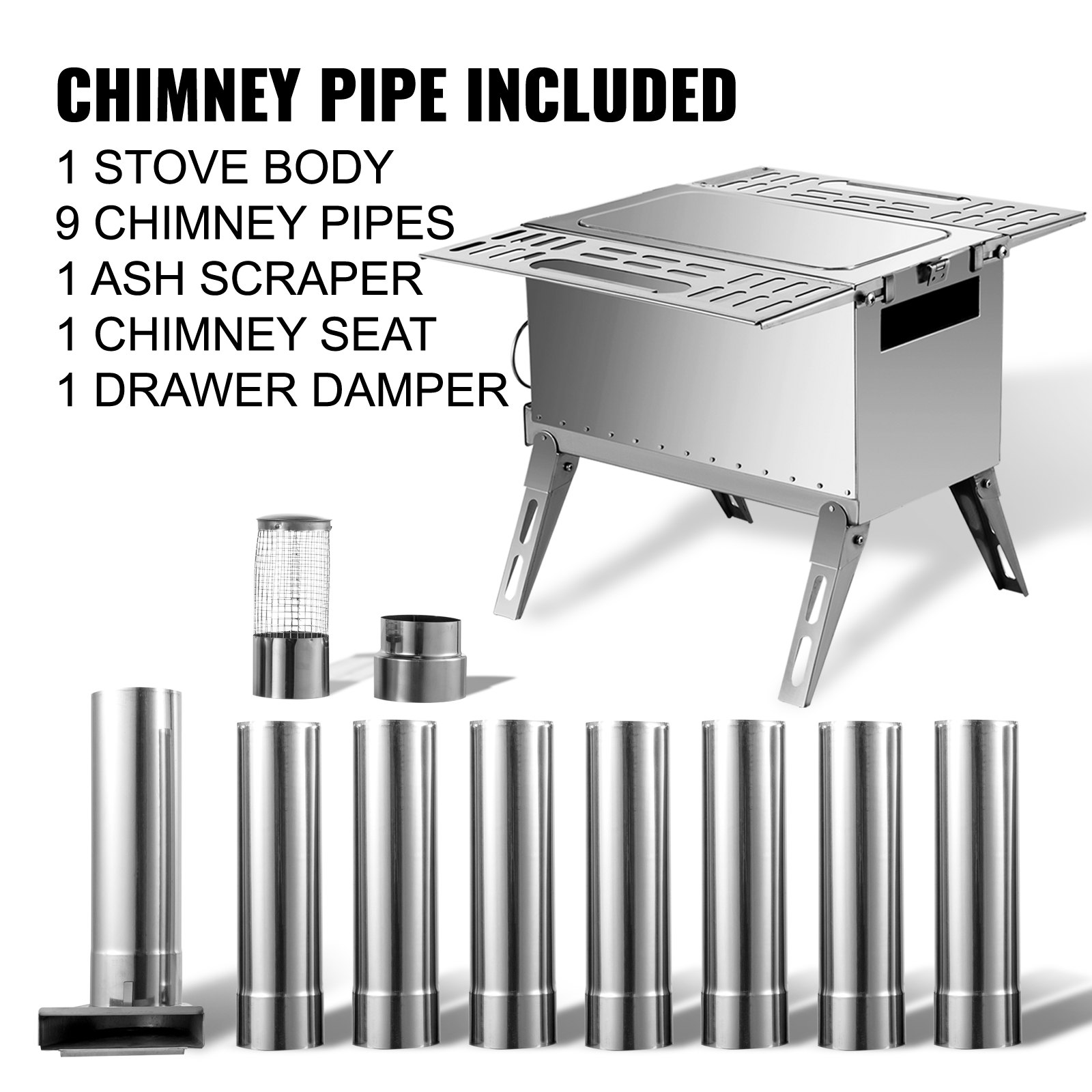 VEVOR Tent Wood Stove 18.3x15x14.17 inch, Camping Wood Stove 304 Stainless Steel with Folding Pipe, Portable Wood Stove 90.6 inch Total Height for Camping, Tent Heating, Hunting, Outdoor Cooking