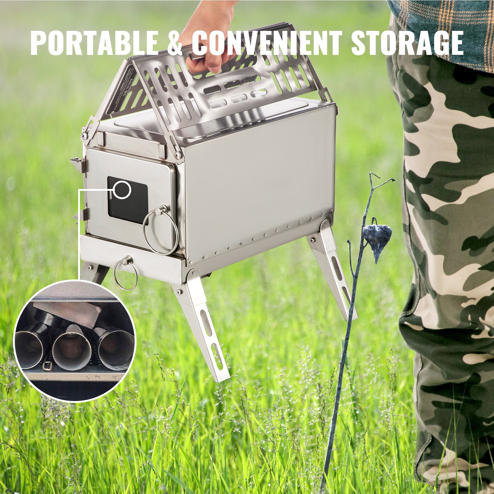 VEVOR Tent Wood Stove, 18.3x15x14.17 inch Camping Wood Stove 304 Stainless Steel With Folding Pipe, Portable Wood Stove 90.6 inch Total Height For Camping, Tent Heating, Hunting, Outdoor Cooking