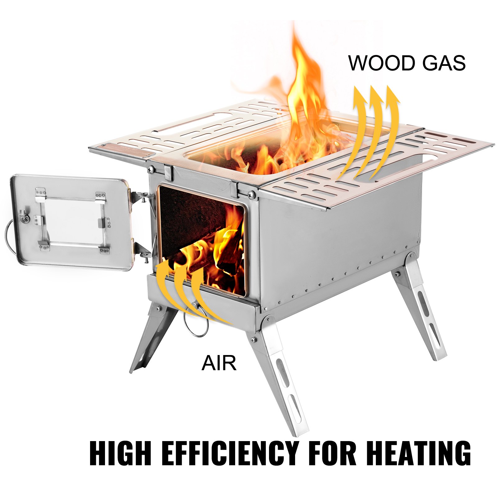 VEVOR Tent Wood Stove, 18.3x15x14.17 inch Camping Wood Stove 304 Stainless Steel With Folding Pipe, Portable Wood Stove 90.6 inch Total Height For Camping, Tent Heating, Hunting, Outdoor Cooking