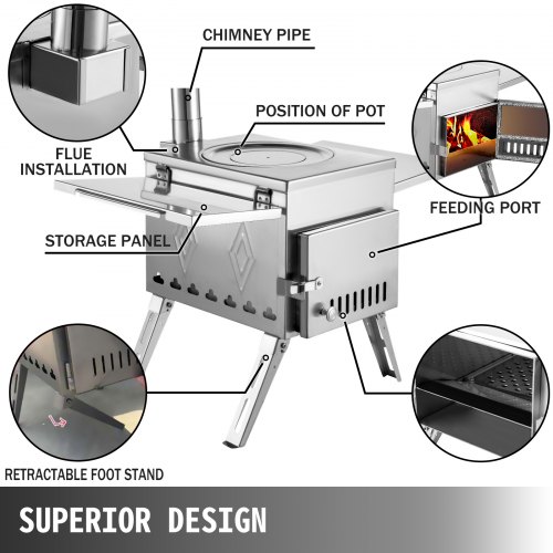 VEVOR Tent Wood Stove Camping Wood Stove  304 Stainless Steel With Folding Pipe, Portable Wood Stove 95.7 inch Total Height For Camping, Tent Heating, Hunting, Outdoor Cooking