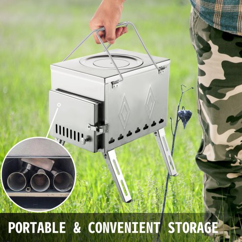 VEVOR Tent Wood Stove 17.5x14.7x10.6 inch, Camping Wood Stove 304 Stainless Steel With Folding Pipe, Portable Wood Stove 95.7 inch Total Height For Camping, Tent Heating, Hunting, Outdoor Cooking