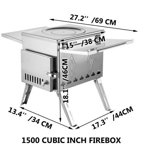 VEVOR Tent Wood Stove 18.1x15x27.2 inch, Camping Wood Stove 304 Stainless Steel With Folding Pipe, Portable Wood Stove 113 inch Total Height For Camping, Tent Heating, Hunting, Outdoor Cooking
