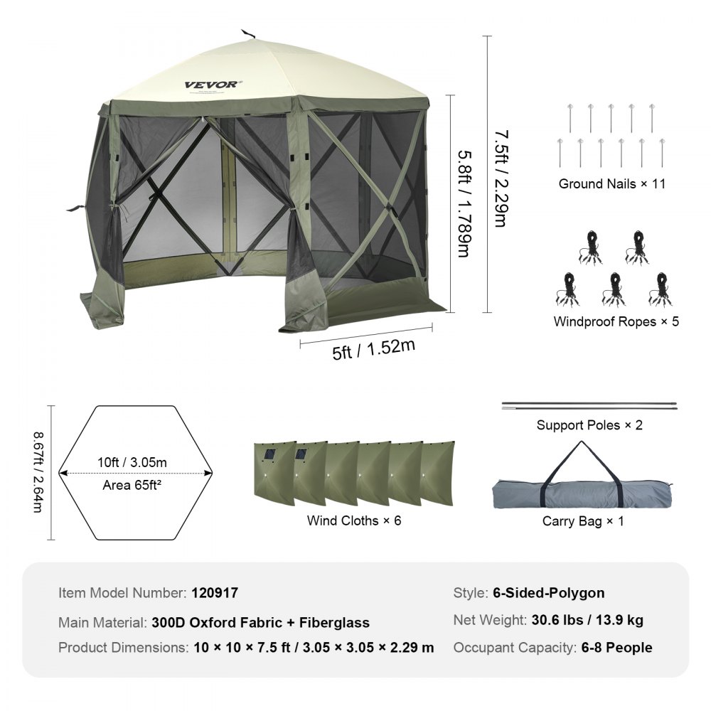 VEVOR pop up gazebo tent with hexagonal design, mesh sides, windproof ropes, poles, and carry bag.