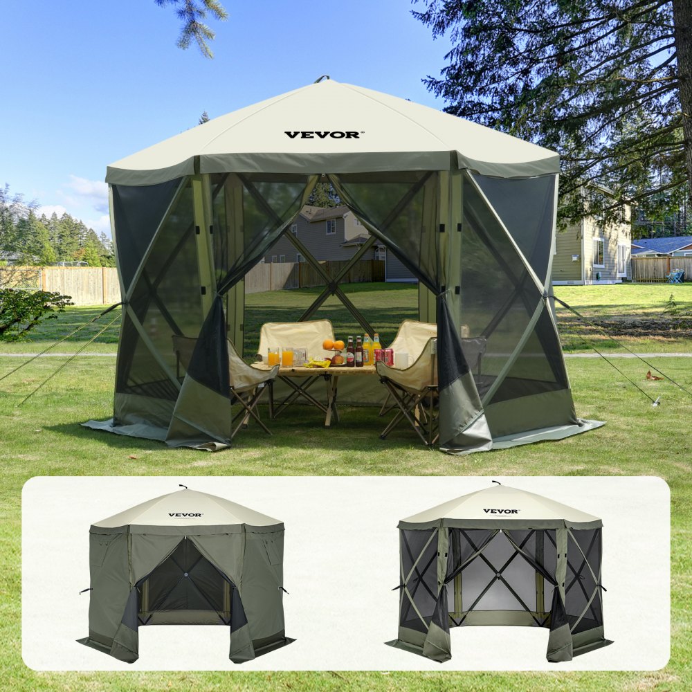 VEVOR Tente tonnelle pop-up, abri solaire à 6 côtés avec 6 toiles coupe-vent amovibles et fenêtres en maille, tente moustiquaire à réglage rapide de 3 x 3 m avec moustiquaire, vert armée