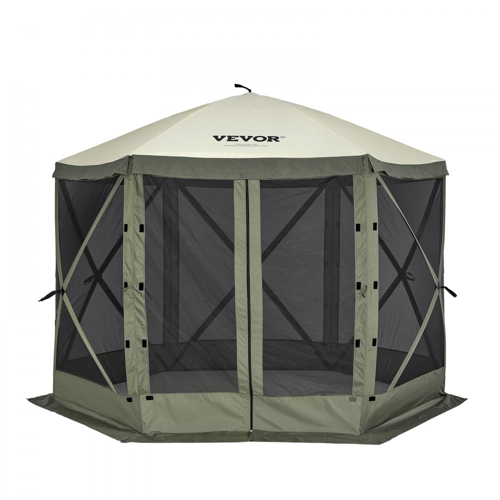 green VEVOR pop up gazebo tent with mesh panels and x-frame support, ideal for outdoor events.