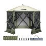 VEVOR pop up gazebo tent with mesh sides, accessories, and storage bag in green and beige.