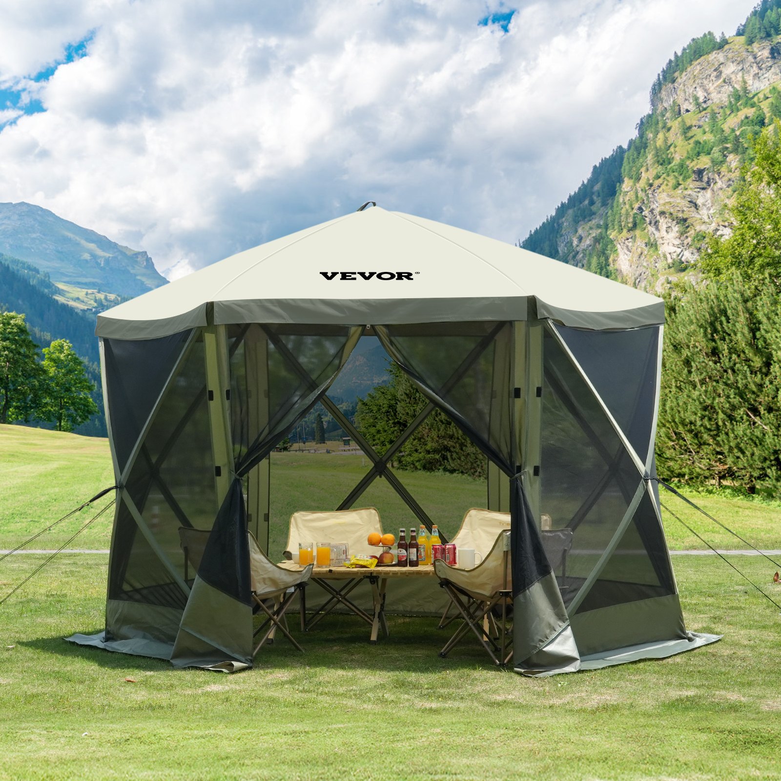 VEVOR pop up gazebo tent on a scenic lawn with chairs and a table set with drinks and snacks.