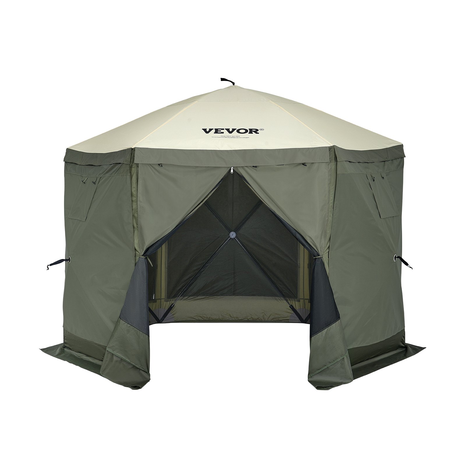 green VEVOR pop up gazebo tent with open front and mesh sides for ventilation.