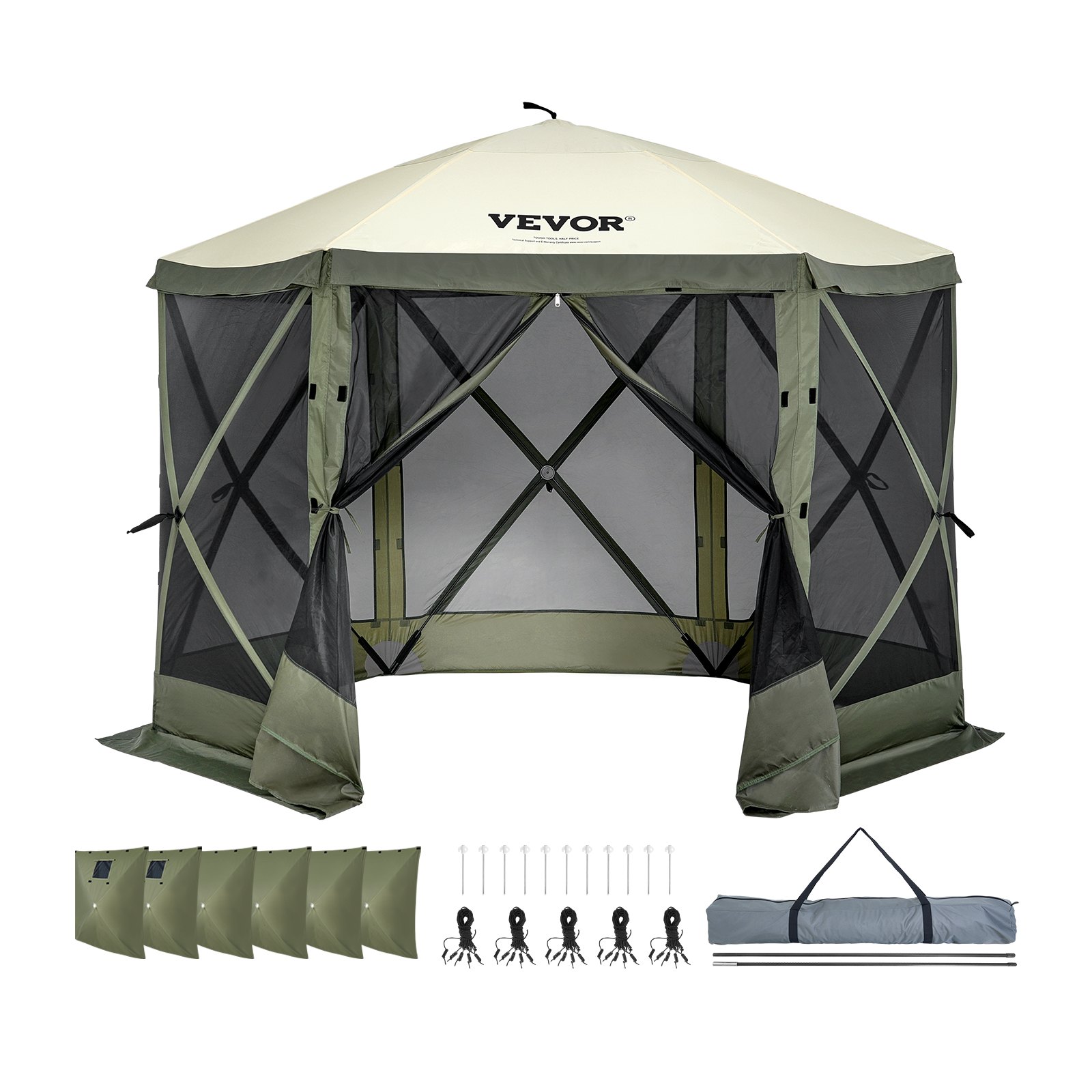 VEVOR pop up gazebo tent with mesh sides, accessories, and storage bag in green and beige.