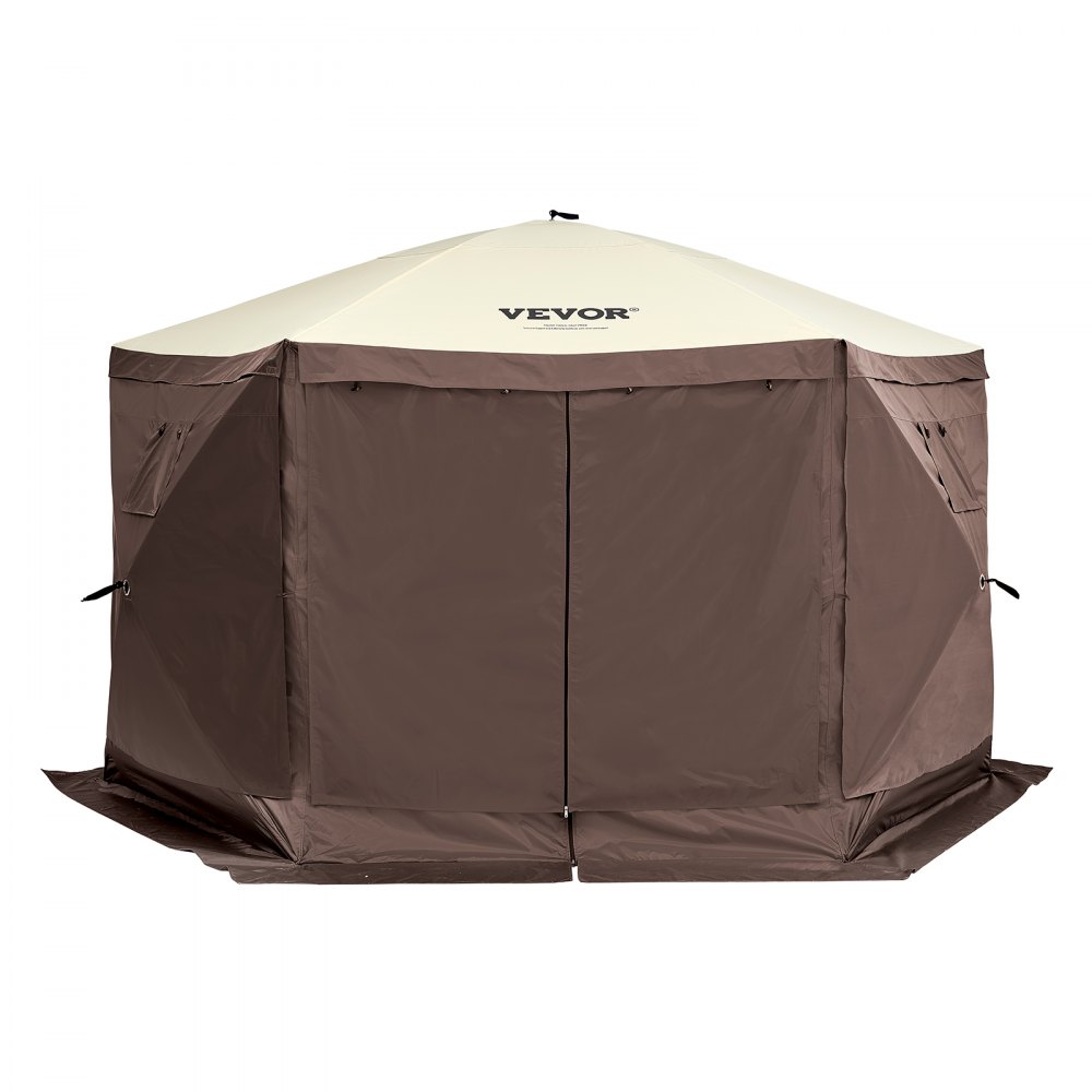 brown VEVOR pop up gazebo tent with beige roof, zip-up entrance, and side panels.