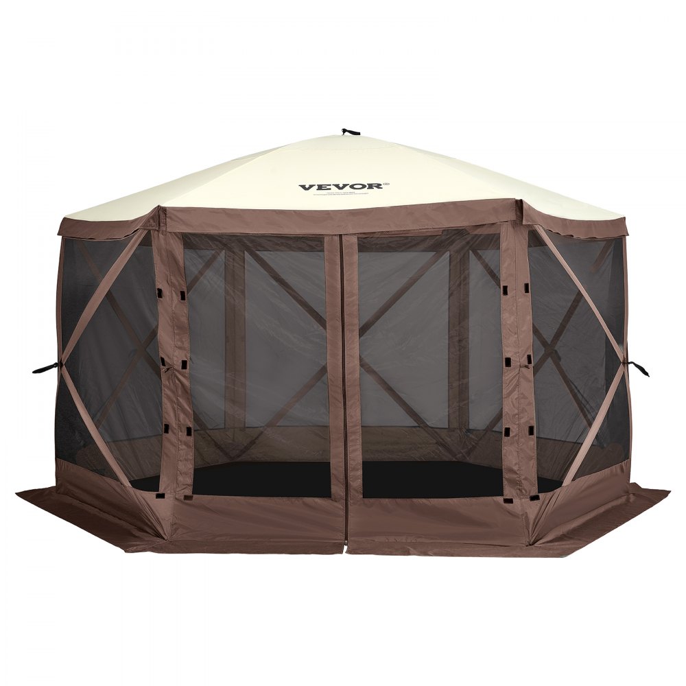 VEVOR pop up gazebo tent with brown frame, beige roof, and mesh panels for outdoor use.