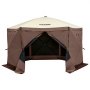 VEVOR pop up gazebo tent, hexagonal, brown, with windows and zipped entrance, on white background.