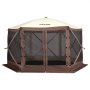 VEVOR pop up gazebo tent with brown frame, beige roof, and mesh panels for outdoor use.