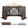 VEVOR pop up gazebo tent with mesh walls, side panels, stakes, ropes, and carry bag displayed.