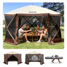 VEVOR Pop Up Gazebo Tent, Pop-Up Screen Tent 6 Sided Canopy Sun Shelter with 6 Removable Privacy Wind Cloths & Mesh Windows, 11.5x11.5FT Quick Set Screen Tent with Mosquito Netting, Brown