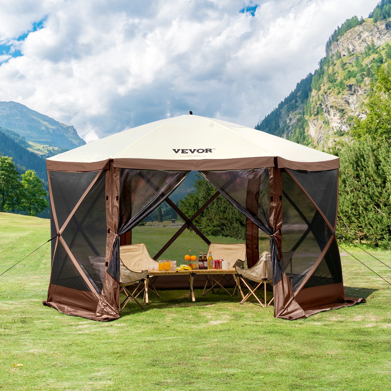 VEVOR pop up gazebo tent on green lawn with mountain backdrop, equipped with chairs and a table set.