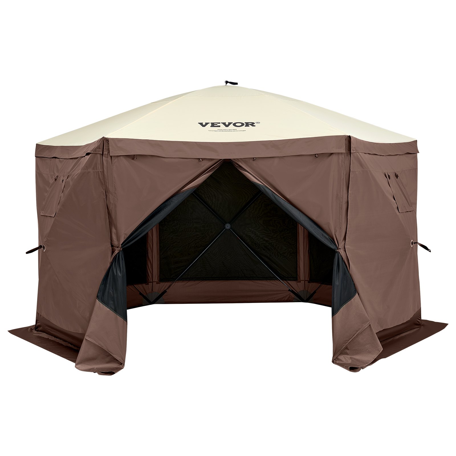 VEVOR pop up gazebo tent, hexagonal, brown, with windows and zipped entrance, on white background.