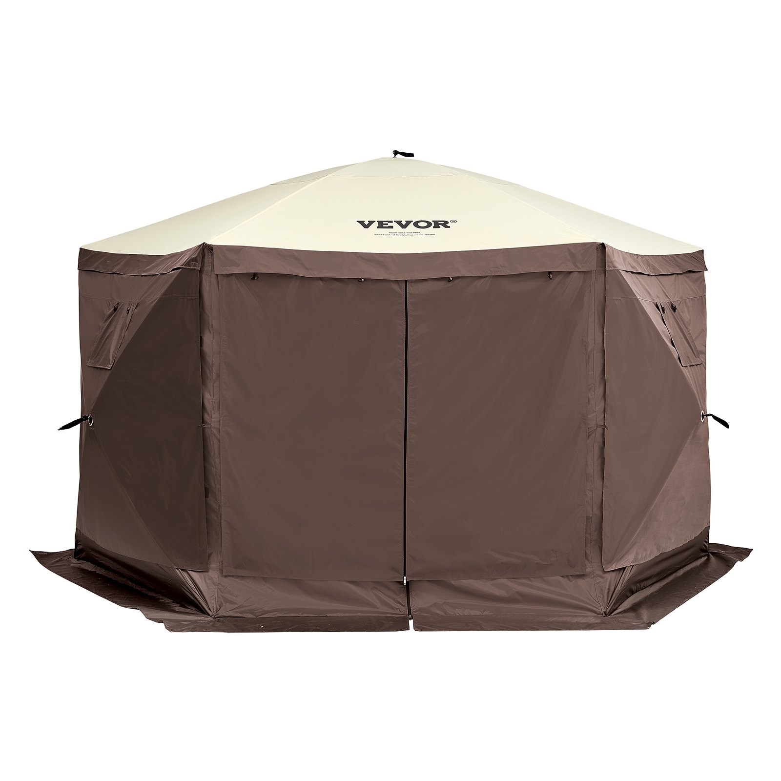 brown VEVOR pop up gazebo tent with beige roof, zip-up entrance, and side panels.