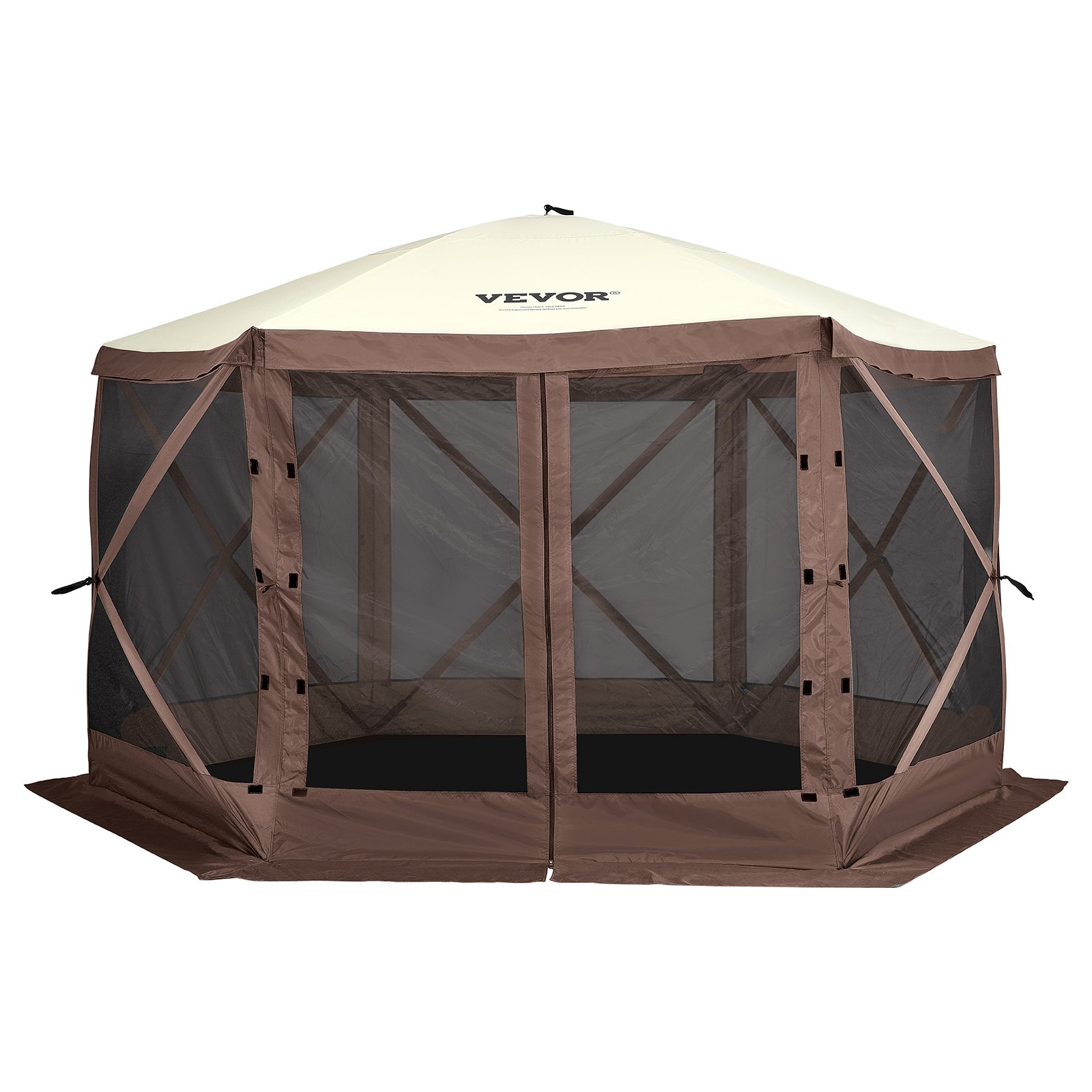 VEVOR pop up gazebo tent with brown frame, beige roof, and mesh panels for outdoor use.